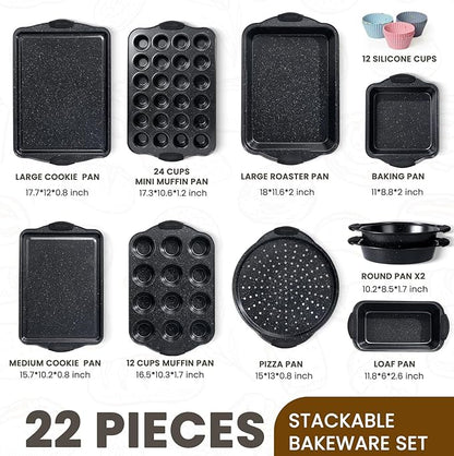 Kikcoin 22 PCS Nonstick Baking Pans Set, Stackable Bakeware Sets with Silicone Handles, 450°F Oven Safe Baking Sheet set, Easy Release Cookie Sheets for Baking, Black - Image 2