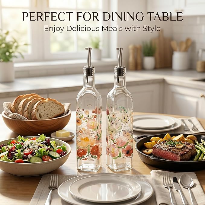 Topadorn 17 oz Olive Oil Dispenser Bottle Set for Kitchen, 2 Pcs Glass Oil Dispenser Bottle with Stainless Steel Pourers, 2 Packs of Napkins, Pink Flowers