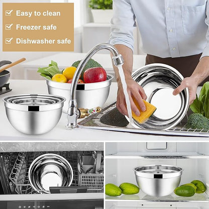 E-far Mixing Bowls with Lids, 12-Piece Stainless Steel Salad Bowls Metal Nesting Bowls for Baking Cooking and Prepping, Airtight Lids & Stackable Design, Size 7, 4.5, 3, 1.5, 1.2, 0.7 QT (Khaki) - Image 6