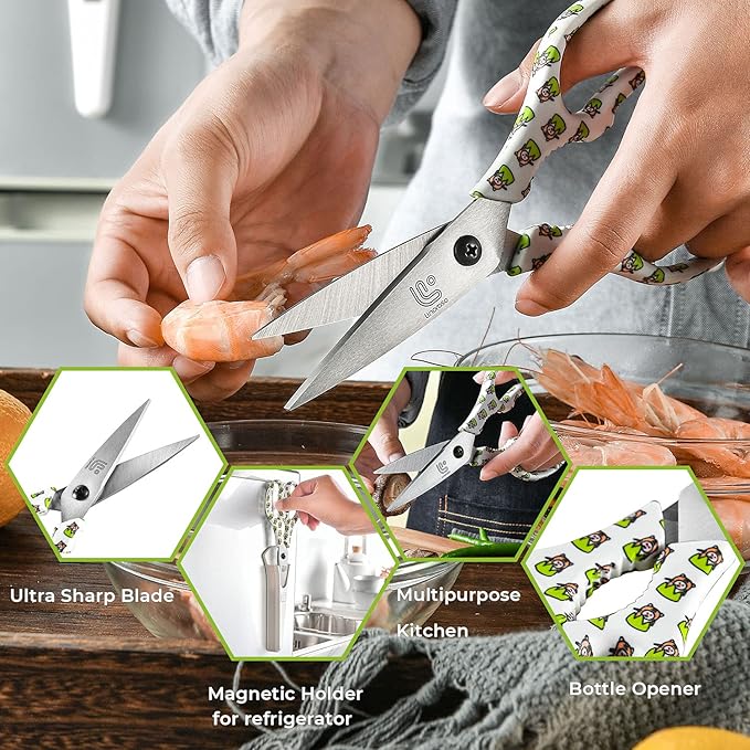 Linoroso Kitchen Scissors Heavy Duty Kitchen Shears with Magnetic Holder Made with Japanese Steel 4034, Multipurpose Ultra Sharp Cooking Scissors for Meat/Vegetables/BBQ/Herbs/Pizza (Graphic,Tiger) - Image 3