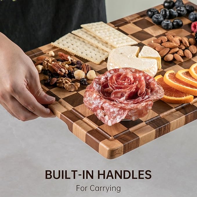 Checkerboard Cutting Boards for Kitchen, Acacia Wooden Cutting Board, End Grain Chopping Board with Juice Groove, Serving Tray for Meat, Vegetables, Fruits, Bread, Cheese, 14" X 11" X 0.8" - Image 5