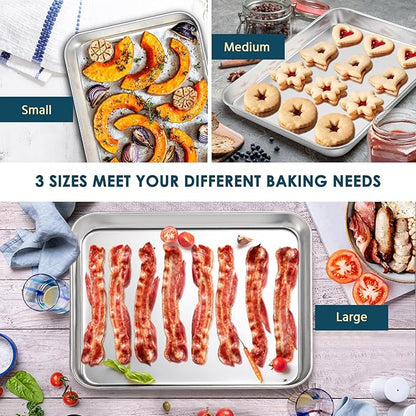 E-far Stainless Steel Baking Sheet Set of 3, 12.4”/10.5” /9.4” Cookie Sheet for Oven, Rimmed Metal Tray for Cooking Baking Bacon, Non-toxic & Dishwasher Safe