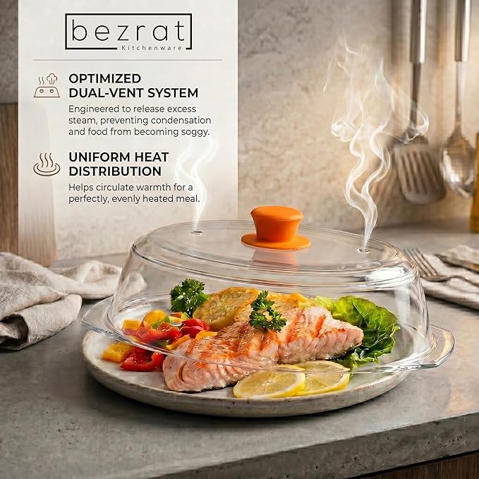 Bezrat Microwave Tall Glass Plate Cover For Food | Splatter Guard Lid with Easy Grip Silicone Handle Knob & Steam Vents | 100% Food Grade | BPA Free and Dishwasher Safe | Plates and Bowls 10 x 3 Inch - Image 6