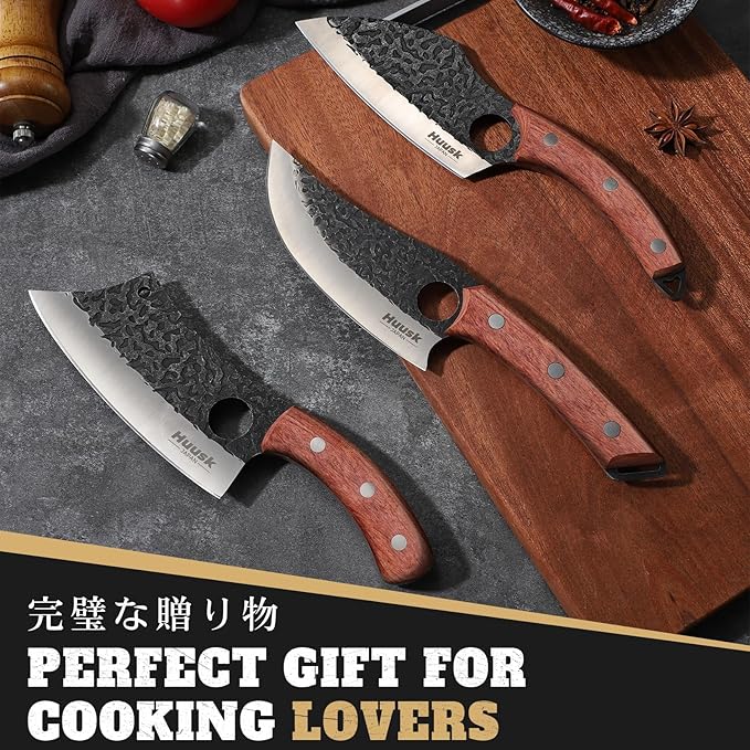 Huusk Butcher Knife Set of 3- Japanese Knife Set for Meat Cutting, Hand Forged Viking Knives Sets with Meat Cleaver, Heavy-Duty Kitchen Knives Sets for Bone BBQ Vegetable, Gift Idea for Men & Women
