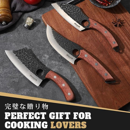 Huusk Butcher Knife Set of 3- Japanese Knife Set for Meat Cutting, Hand Forged Viking Knives Sets with Meat Cleaver, Heavy-Duty Kitchen Knives Sets for Bone BBQ Vegetable, Gift Idea for Men & Women