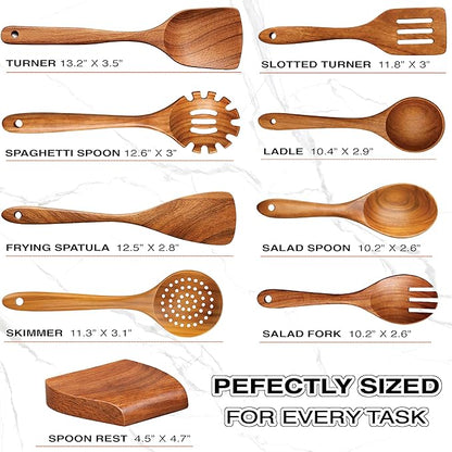 9-Piece Teak Wooden Utensil Set – Wooden Spoons for Cooking with Spoon Rest, Wooden Spatula, and Non Toxic Cooking Utensils – Premium Kitchen Utensils Set for Daily Use - Image 7