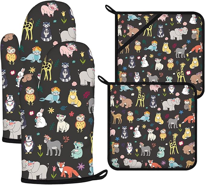 Cute Animals Oven Mitts and Pot Holders Sets 4Pcs,Extra Long Oven Gloves Potholder for Kitchen Cooking Baking BBQ 100% Cotton Heat Resistant by VisittheDuibelproduct