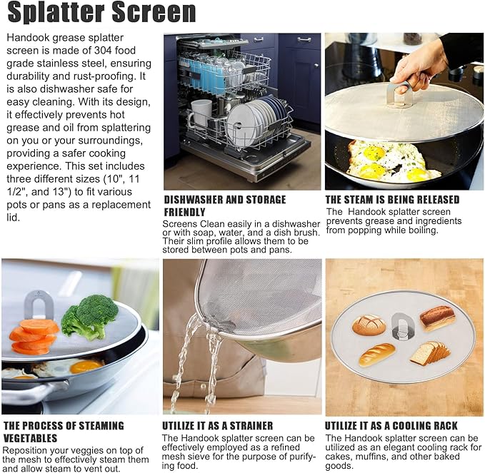 Splatter Screen for Cooking - Stainless Steel Grease Splatter Guard for Frying Pan, No Cooking Oil Mess No Burns, Ultra Fine Mesh Lids Set of 3(10", 11.5", 13") - Image 6