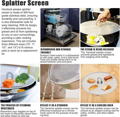 Splatter Screen for Cooking - Stainless Steel Grease Splatter Guard for Frying Pan, No Cooking Oil Mess No Burns, Ultra Fine Mesh Lids Set of 3(10", 11.5", 13") - Image 6