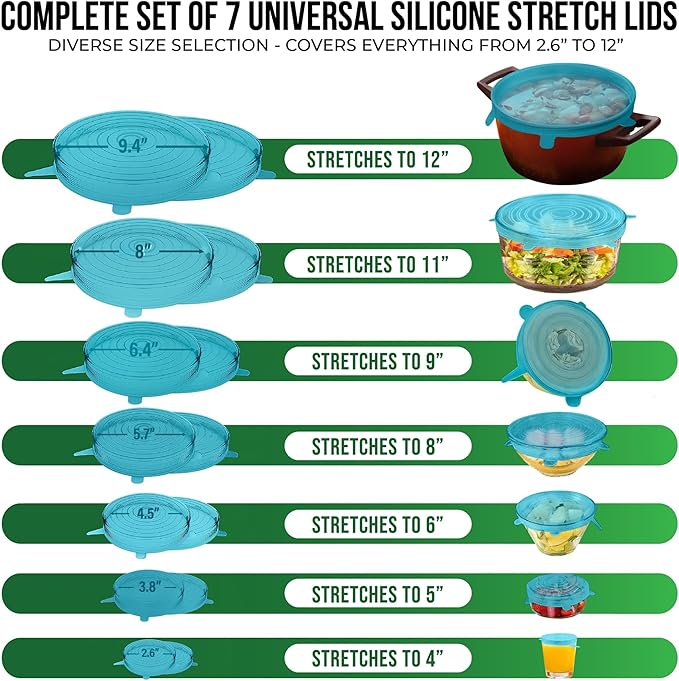 Reusable Silicone Stretch Lids for Food Storage in Fridge - Elastic Heat-Resistant Bowl Covers, Cups, Cans, Jars - Universal Food Grade Lid for Containers - 7 Pack - Blue Mist Stretchy Lid Set - Image 2