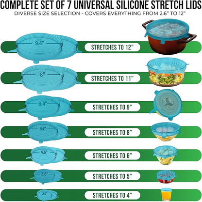 Reusable Silicone Stretch Lids for Food Storage in Fridge - Elastic Heat-Resistant Bowl Covers, Cups, Cans, Jars - Universal Food Grade Lid for Containers - 7 Pack - Blue Mist Stretchy Lid Set - Image 2