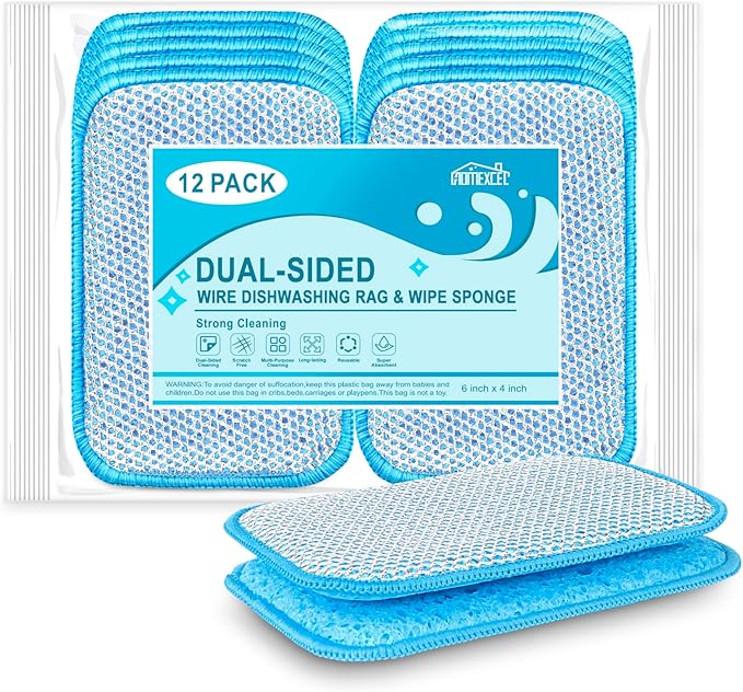 HOMEXCEL 12 Pack Scrub & Wipe Cloths, Scrub Sponges with Non-Scratch Wire Dishwashing Rag for Kitchen, All-Purpose Cloth for Dishes, Pots, Pans, Non-Stick Cookware, Countertops (Blue) by HOMEXCEL