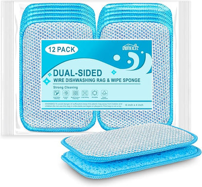 HOMEXCEL 12 Pack Scrub & Wipe Cloths, Scrub Sponges with Non-Scratch Wire Dishwashing Rag for Kitchen, All-Purpose Cloth for Dishes, Pots, Pans, Non-Stick Cookware, Countertops (Blue) by HOMEXCEL
