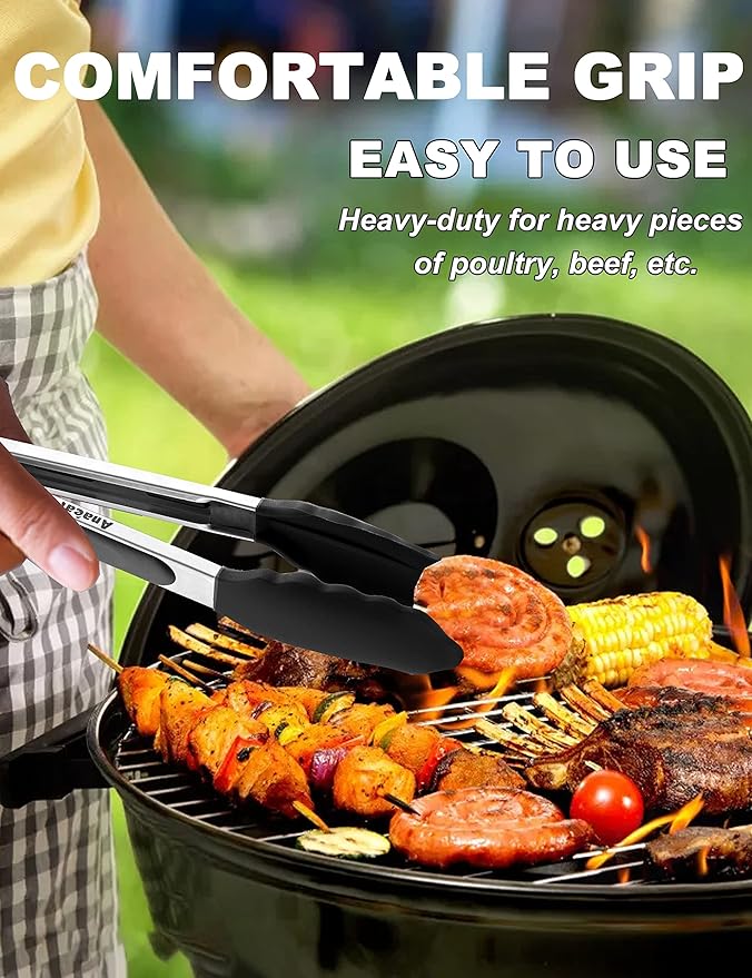 Anaeat Non-Stick Silicone Locking Tong - Stainless Steel 9" Kitchen Food Tongs with Non-Slip Silicone Tips and Grip for Cooking, Baking and BBQ - Heat Resistant up to 480°F (Black)