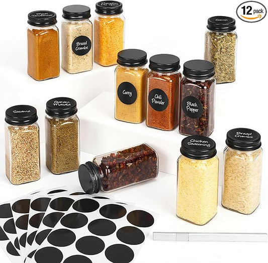 12Pcs Spice Jars with Label, 4oz Empty Square Seasoning Containers, Spice Jars with Shaker Lids, Small Spice Bottles for Salt, Herbs, Sugar, Pepper, Seasoning Jars for Spice Rack, Cabinet, or Drawer by DIDITIME