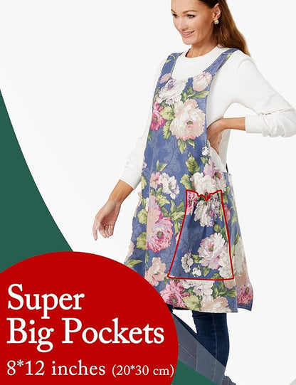 Cozy Adjustable Cross Back Aprons for Women with Pockets Cotton Linen Cooking Kitchen Baking