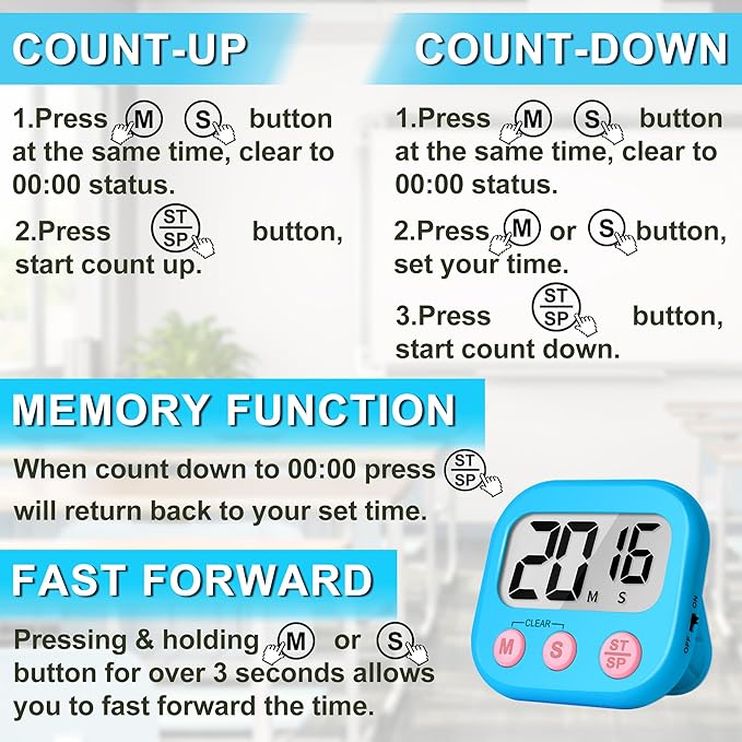 ZILLEEN Classroom Timer for Kids Teachers 12 Pack Digital Timers, Blue & Pink - Image 8