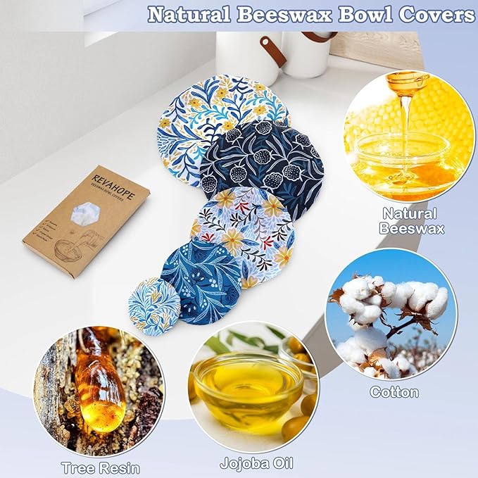 5-Size Reusable Beeswax Bowl Covers for Bread Proofing, Cotton Cloth Flexible Beeswax Wraps for Food Storage(Blue Floral) - Image 3