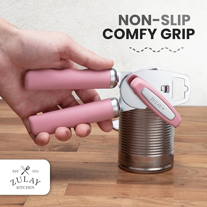 Zulay Kitchen Heavy Duty Stainless Steel Can Opener Manual with Bottle Opener - Rust Proof Manual Can Opener With Turn Knob & Comfy Soft Grip Handles - Pink - Image 5