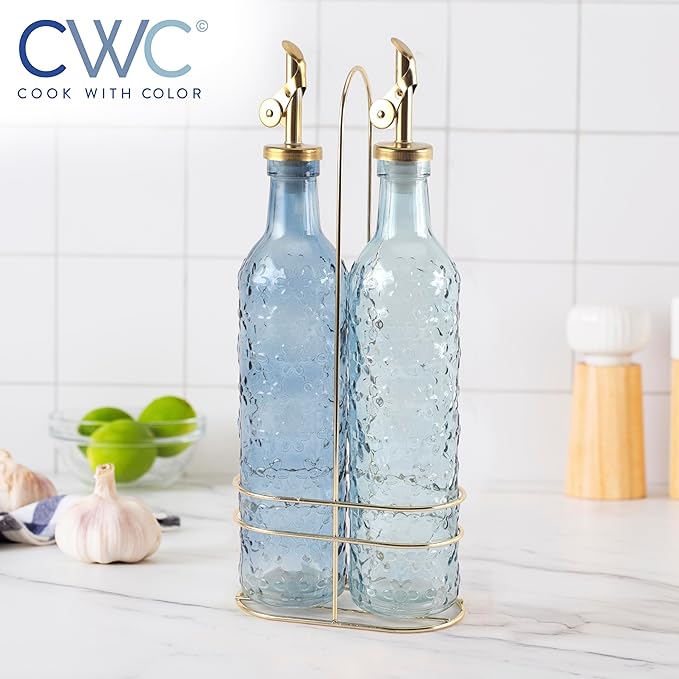 COOK WITH COLOR Glass Olive Oil Bottle Dispenser - 2 Pack- 17oz Oil and Vinegar Cruet - Olive Oil Carafe Decanter for Kitchen, Floral, Blue - Image 5