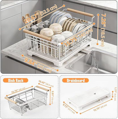 Dish Drying Rack for Kitchen Counter, Stainless Steel Dish Rack with Drainboard, Wooden Handles, Large Capacity Countertop Dish Rack for Plates, Bowls, Cups & Utensils