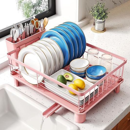 SNTD Dish Drying Rack - Small Dish Rack for Kitchen Counter, Stainless Steel Dish Drainer with Utensil Holder and Drainboard, 11" W x 15" L (Pink) by SNTD