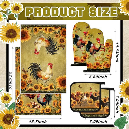 Leinuosen 6 Sunflower Rooster Farmhouse Kitchen Decor Dish Towels Oven Mitts and Pot Holders Sets Chicken Kitchen Towels Absorbent Decorative Accessories for Cooking Baking Grilling