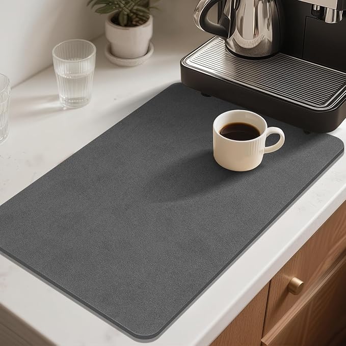 Findosom Dish Drying Mat, 12"x 20" Super Absorbent & Hide Stain Coffee Mat, Cuttable Drying Mat for Kitchen Counter, Coffee Bar Accessories, Under Dish Rack, Coffee Maker, Espresso Machine, DarkGrey-2 - Image 3