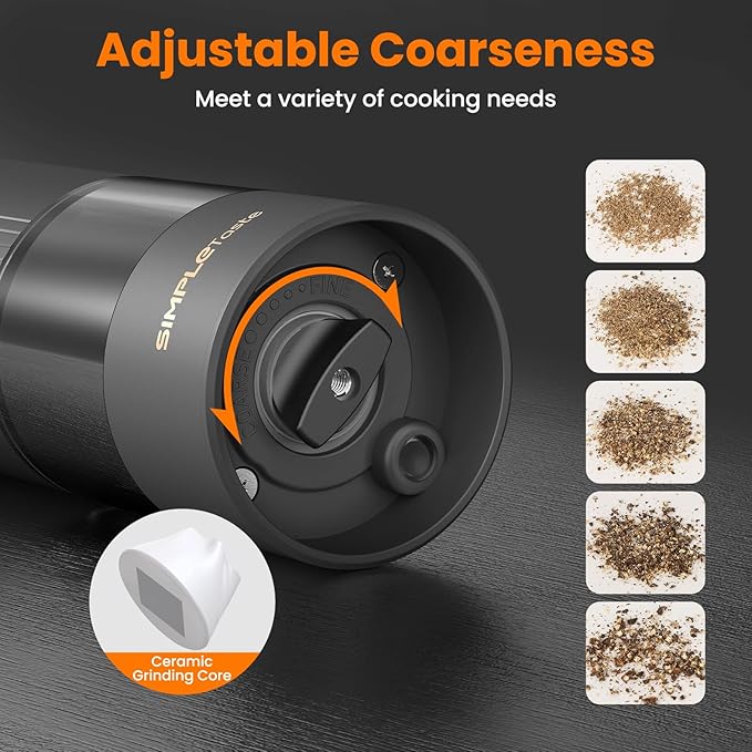 SIMPLETASTE Electric Salt and Pepper Grinder Set with LED Light, Automatic Pepper Mill Shakers with Adjustable Coarseness, One Hand Operation for Kitchen, Dining, Gifting, Black, Rechargeable - Image 5