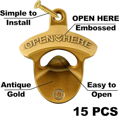 15 PCS Aged Gold Bottle Opener Wall Mounted Beer Cap Opener Mountable Bulk for Table Craft - Image 2