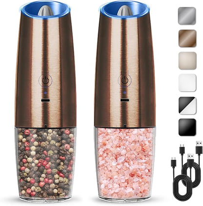 Rechargeable Electric Salt And Pepper Grinder Set, Automatic Gravity Electric Salt And Pepper Grinder Set, Adjustable Roughness, Led Light, 2 Pack, (Copper) by KIARYUOLL