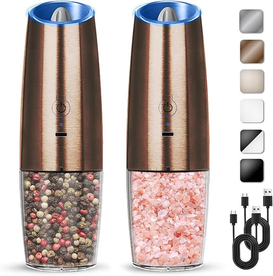 Rechargeable Electric Salt And Pepper Grinder Set, Automatic Gravity Electric Salt And Pepper Grinder Set, Adjustable Roughness, Led Light, 2 Pack, (Copper) by KIARYUOLL