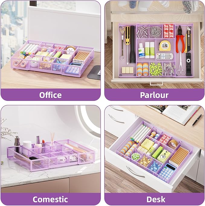 Marbrasse Expandable Desk Drawer Organizer, Mesh Drawer Organizer Tray with 10 Adjustable Compartments, Desk Organizers and Accessories for Office Supplies, Makeup & Vanity (Expandable-Purple) - Image 4