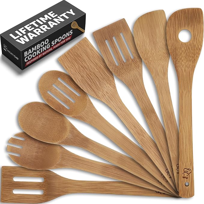 PriorityChef Wooden Spoons for Cooking, 8Pc Non Scratch Bamboo Cooking Utensils, Non-Toxic Wooden Utensil Set, Easy to Clean Kitchen Utensils Set for Everyday Use on All Cookware Types by PriorityChef
