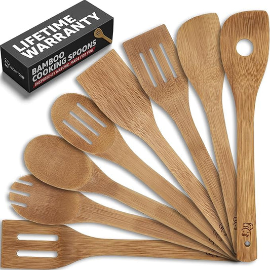 PriorityChef Wooden Spoons for Cooking, 8Pc Non Scratch Bamboo Cooking Utensils, Non-Toxic Wooden Utensil Set, Easy to Clean Kitchen Utensils Set for Everyday Use on All Cookware Types by PriorityChef