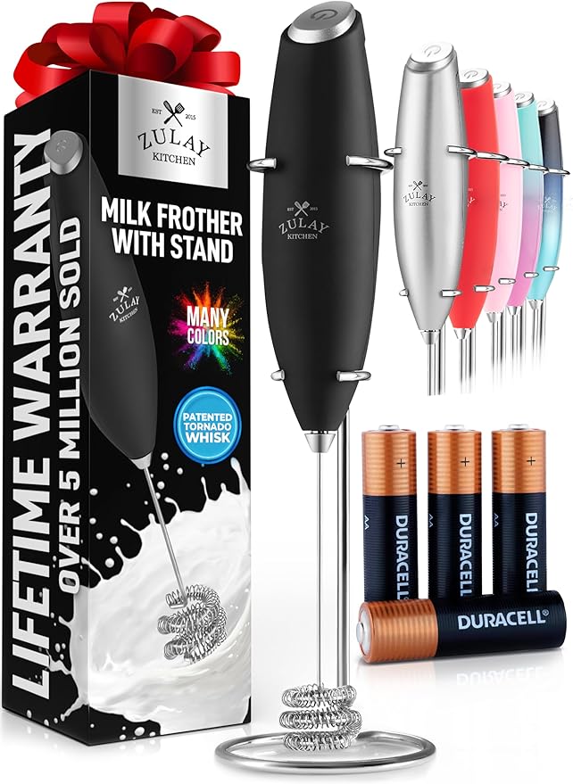 Zulay Kitchen Patented Tornado Triple Whisk Milk Frother with 4 Duracell Batteries – Handheld Foam Maker for Coffee, Lattes, Matcha & Hot Chocolate – Rich, Creamy Froth in Seconds - Alpha Black by ZulayKitchen