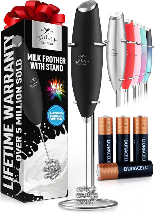 Zulay Kitchen Patented Tornado Triple Whisk Milk Frother with 4 Duracell Batteries – Handheld Foam Maker for Coffee, Lattes, Matcha & Hot Chocolate – Rich, Creamy Froth in Seconds - Alpha Black by ZulayKitchen