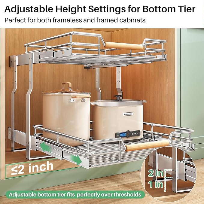 Pull out Cabinet Organizer, 2 Tiers 17"W X 21"D, Heavy Duty Smooth Sliding Under Cabinet Shelves for Pots and Pans, Full-Extension Roll out Drawers, Slide out Organization for Home Kitchen Pantry - Image 5
