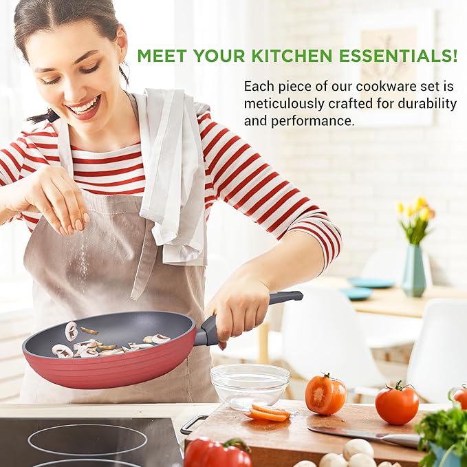 NutriChef 12-Piece Nonstick Kitchen Cookware Set-PTFE/PFOA/PFOS-Free Heat Resistant Lacquer Kitchen Ware Pots Pan Set Dark Gray/Red- Saucepot, Pans, Cooking Pot Oven Pot, Lid, Utensil - NCCW12RED - Image 6