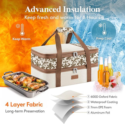 Lifewit Insulated Double Decker Casserole Carrier, Expandable Lasagna Lugger Tote Bag for Hot or Cold Food, Fits 9" x 13" Baking Dish for Potluck Parties, Picnic and Cookouts, Cream-Flowers