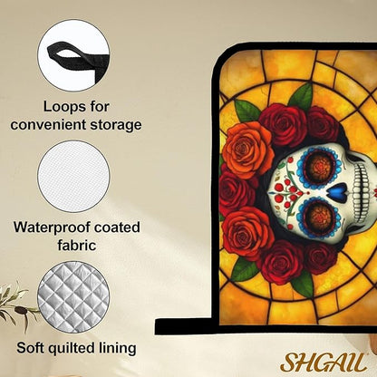 Flower Skull Oven Mitts with Matching Potholders - Heat Resistant Kitchen Accessories for Baking, Grilling, Cooking, Gifts for Women