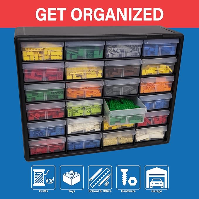 Akro-Mils 24-Drawer Plastic Drawer Storage Cabinet for Garage Organization, Bead Organizer, Building Bricks Storage, Teacher Toolbox, Makeup Organizer, 20" W x 6" D x 16" H, 10124 Black - Image 4