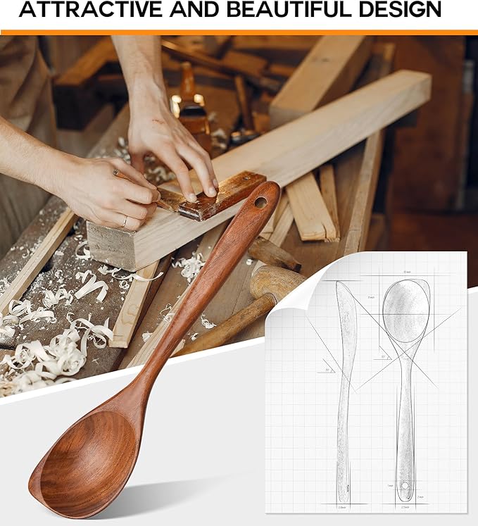 Wooden Spoons for Cooking, Natural Premium Teak Wood Corner Spoon, Good Grip Large Wooden Spoons and Wooden Spatula, Heat Resistant Wooden Cooking Utensils for Nonstick Cookware Cooking Gifts - Image 5