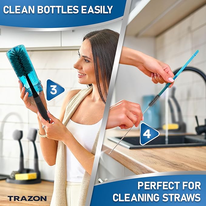 Dish Brush Set of 5 with Holder - Kitchen Scrub Brushes with Non-Slip Long Handle for Cleaning, Scrubber, Dishwashing, Dishes, Bottles, Straws, Cups, Pots & Sink, Black - Image 4