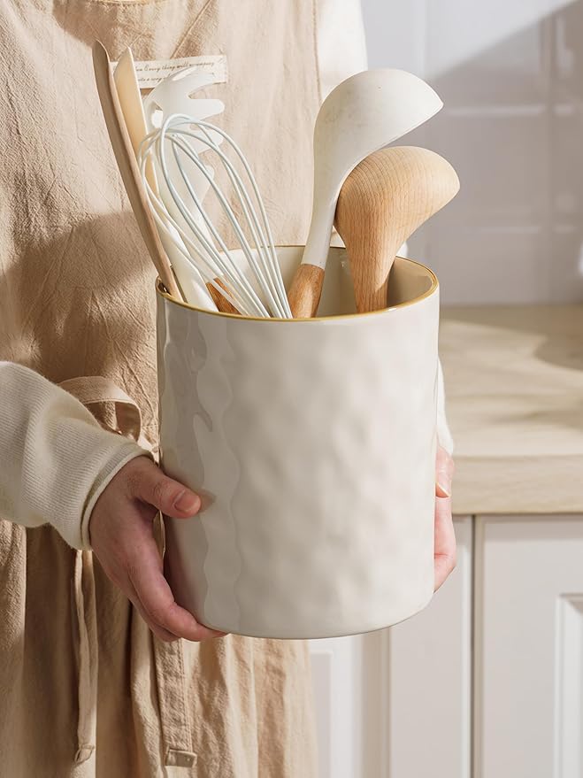 famiware Ocean Utensil Holder, 7.2"+5.8" Ceramic Kitchen Utensil Holder for Countertop, Cooking Utensil Crocks, Utensil Organizer for Spatula & Spoon, Kitchen Decor, Set of 2, Vanilla White - Image 4