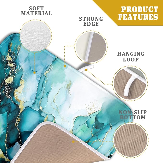Giwawa Teal Marble Dish Drying Mat Turquoise Blue Marbling Print Dish Drainer Mats 16"x18" Modern Granite Microfiber Reversible Dish Drying Rack Pad Protector for Kitchen Countertop Decor