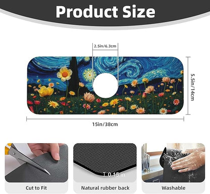 Starry Night Flowers Dish Drying Mat for Kitchen Counter, 18"x24" Microfiber Absorbent Fast Dry Mat, 2Pcs Dish Mat Faucet Mats Sets, Large Drying Kitchen Mat Kitchen Drying Pad