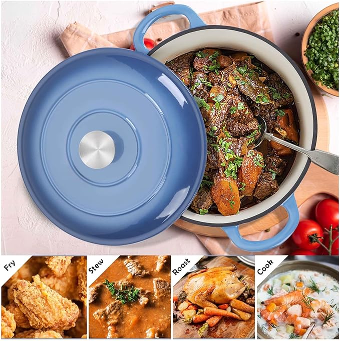TeamFar 6QT Dutch Oven with Lid, Enameled Nonstick Cast Iron Dutch Oven Cooking Pot for Stewing Baking Braising, Various Stoves & Oven Safe, Toxic Free & Solid, Dual Handles & Easy Cleanup - Blue - Image 8