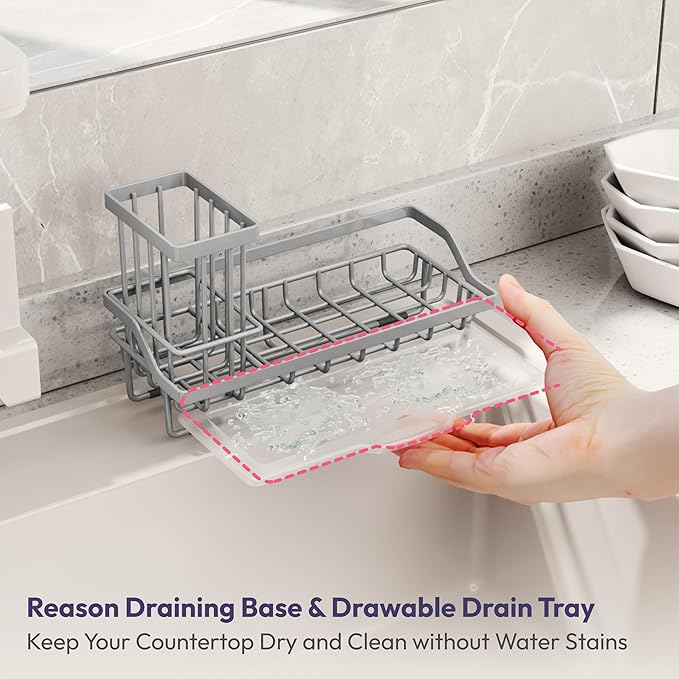 SWTYMIKI Sink Caddy Sponge Holder - Kitchen Sink Organizer with High Brush Holder for Countertop to Hold Dish Soaps and Sponges, Stainless Steel, Gray - Image 4