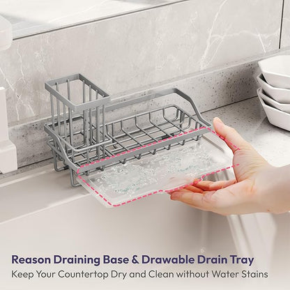 SWTYMIKI Sink Caddy Sponge Holder - Kitchen Sink Organizer with High Brush Holder for Countertop to Hold Dish Soaps and Sponges, Stainless Steel, Gray - Image 4